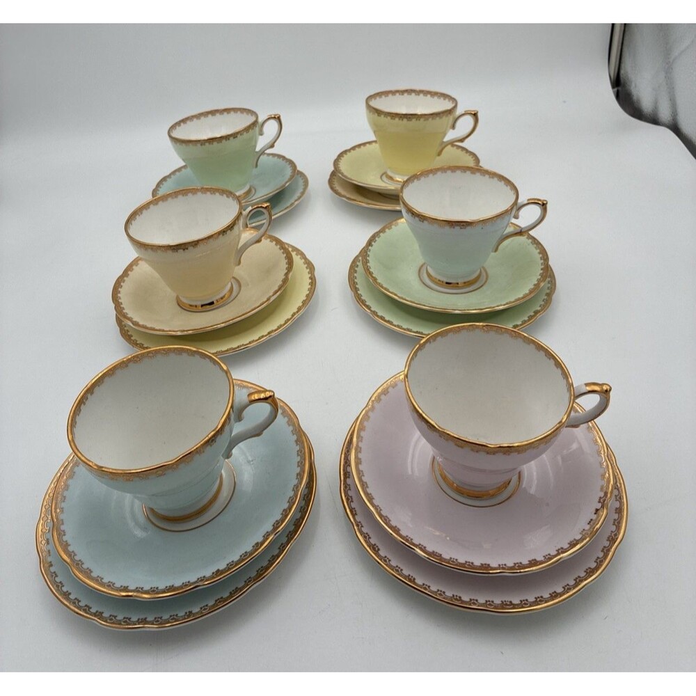 Vintage  Sutherland Fine China .Soft Pastel 18pcs Tea Set W/Gold Design Trim.